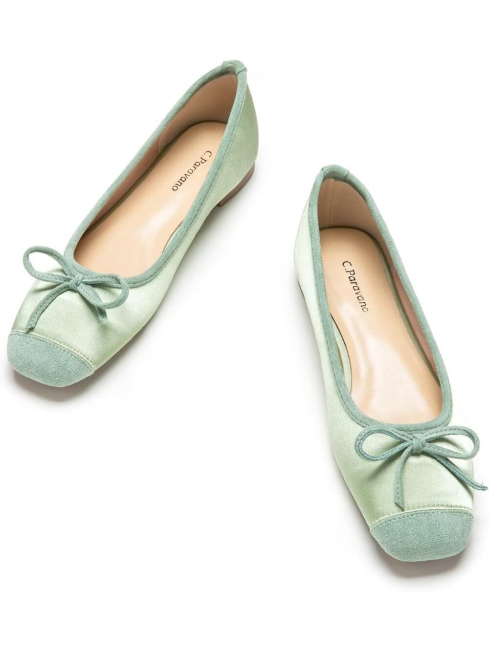 Womens Light Green Ballet Flats Square Toe Bow Slip On Dressy Flat Pull-On Shoes